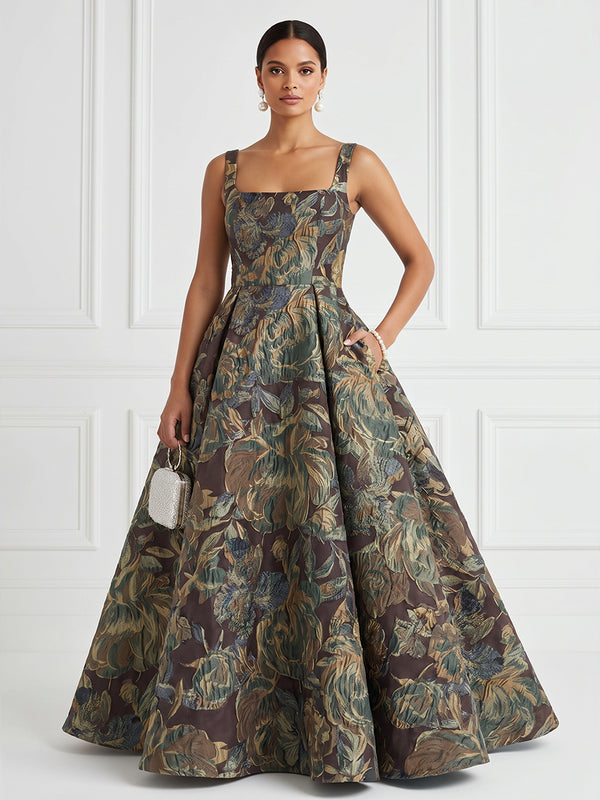 Jacquard A-Line/Princess Square Neck Floor-Length Evening Dresses with Pockets