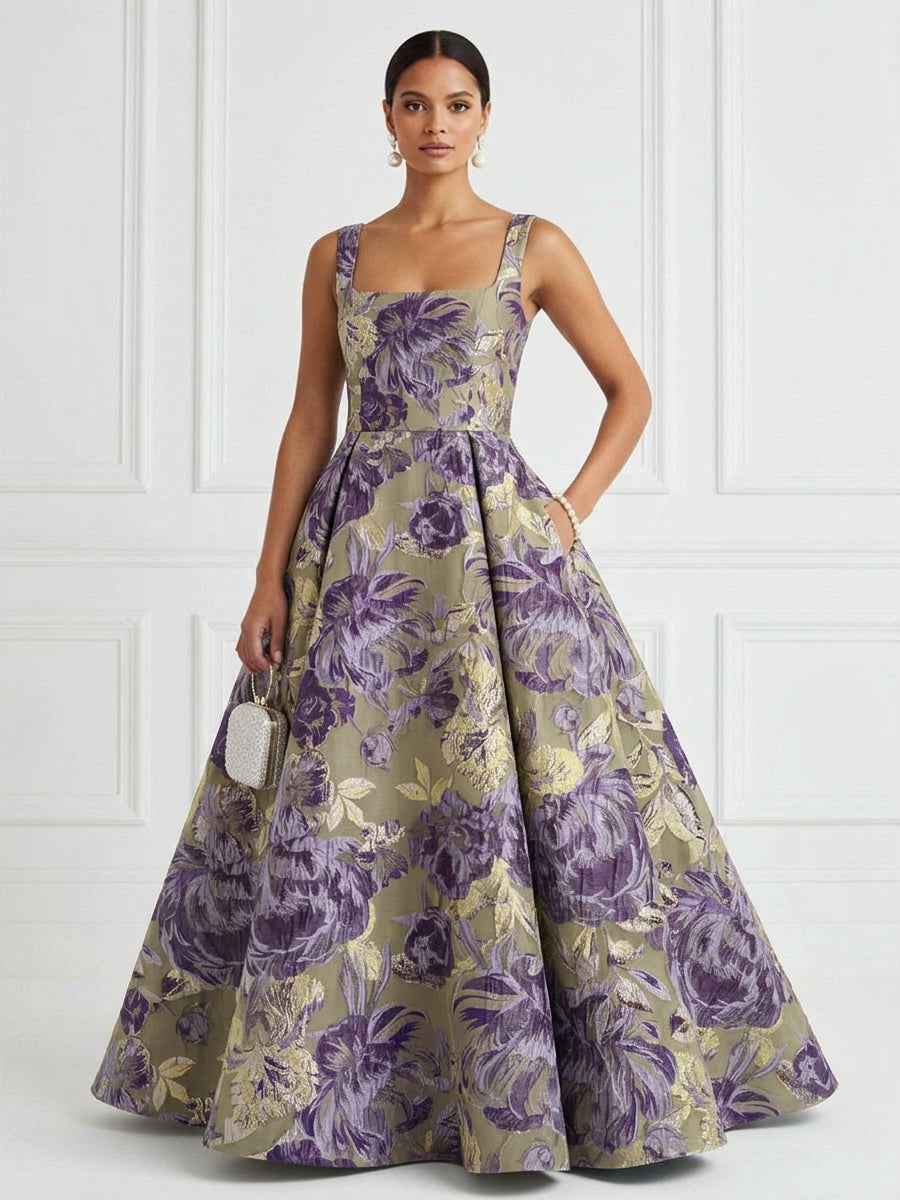 Jacquard A-Line/Princess Square Neck Floor-Length Evening Dresses with Pockets