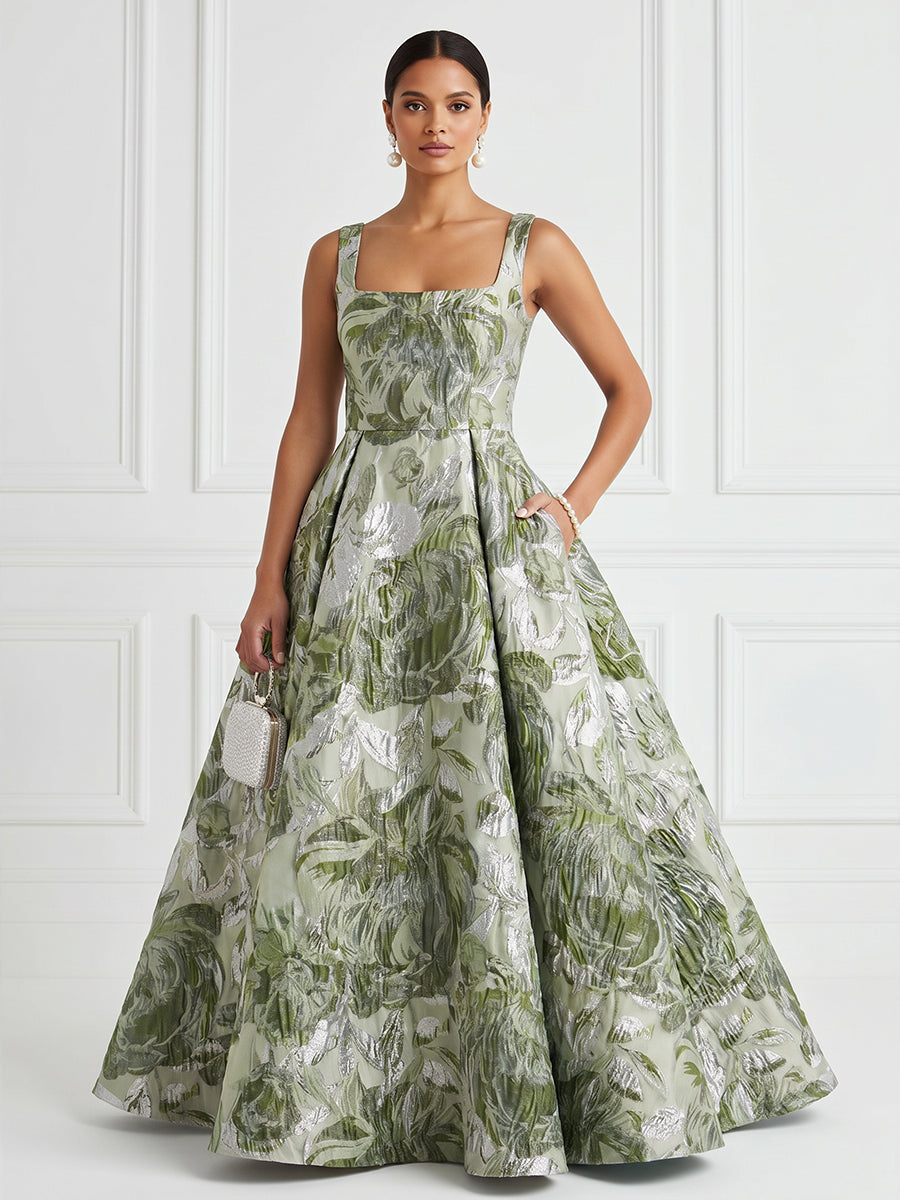 Jacquard A-Line/Princess Square Neck Floor-Length Evening Dresses with Pockets