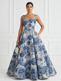 Jacquard A-Line/Princess Square Neck Floor-Length Evening Dresses with Pockets