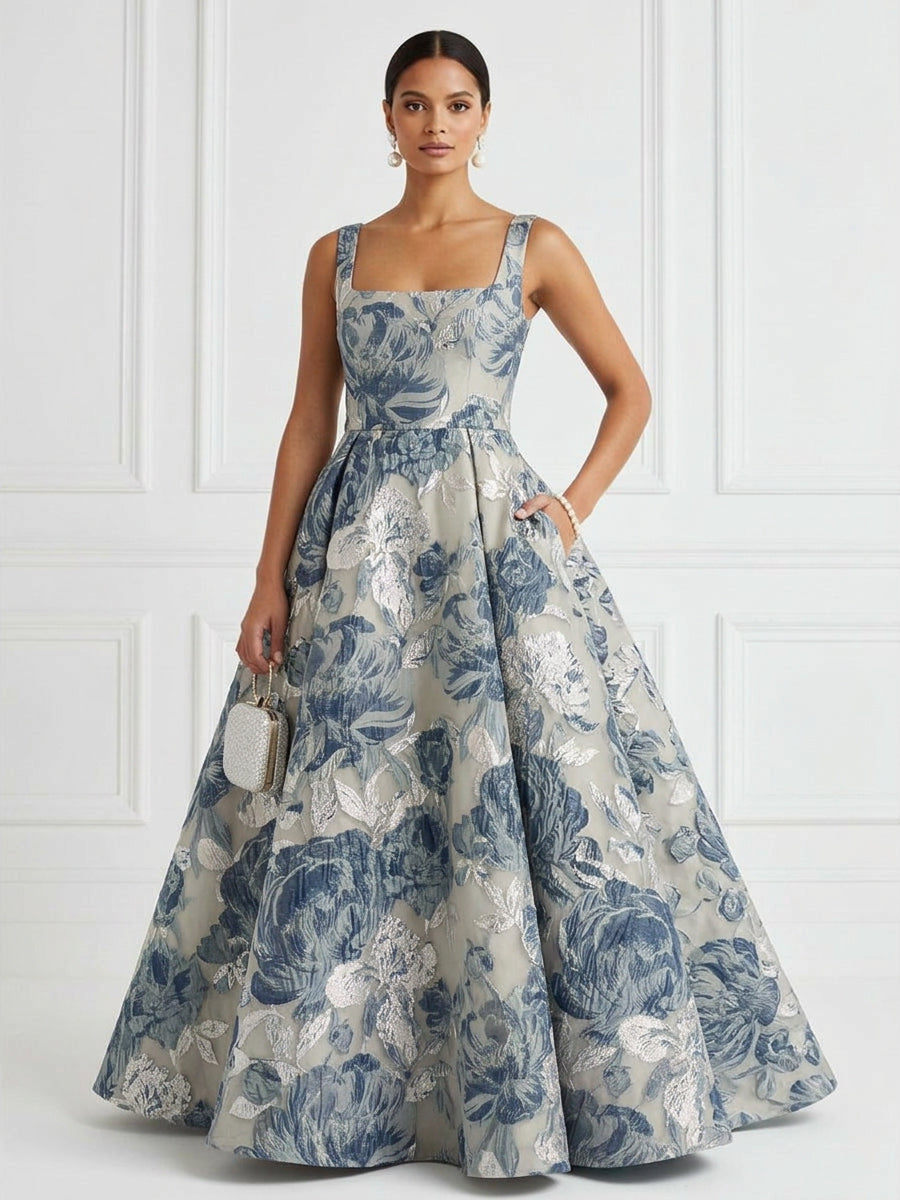 Jacquard A-Line/Princess Square Neck Floor-Length Evening Dresses with Pockets