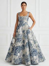 Jacquard A-Line/Princess Square Neck Floor-Length Evening Dresses with Pockets