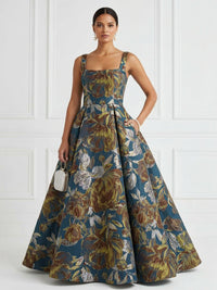 Jacquard A-Line/Princess Square Neck Floor-Length Evening Dresses with Pockets