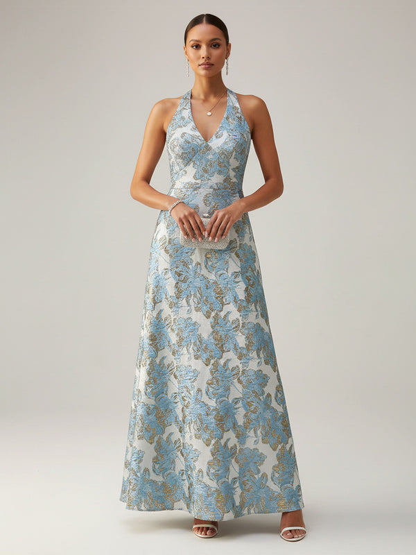 Jacquard A-Line/Princess Halter Floor-Length Evening Dresses for Women