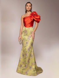 Floral Print Mermaid/Trumpet One Shoulder Floor-Length Evening Dresses with Sweep Train