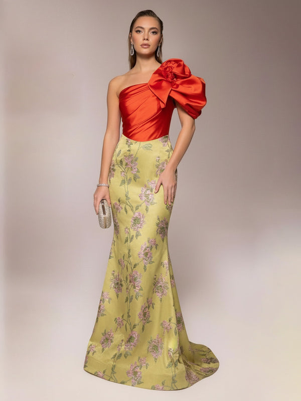 Floral Print Mermaid/Trumpet One Shoulder Floor-Length Evening Dresses with Sweep Train
