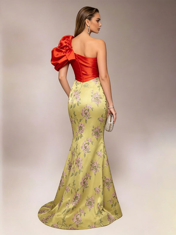Floral Print Mermaid/Trumpet One Shoulder Floor-Length Evening Dresses with Sweep Train