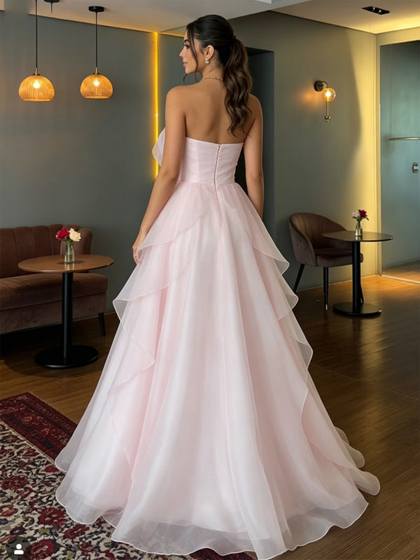 Tulle A-Line/Princess Strapless Floor-Length Evening Dresses with Ruffles