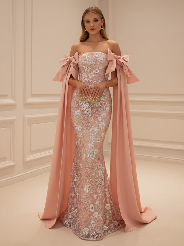 Sequin Floral Sheath/Column Off Shoulder Floor-Length Evening Dresses with Ribbon