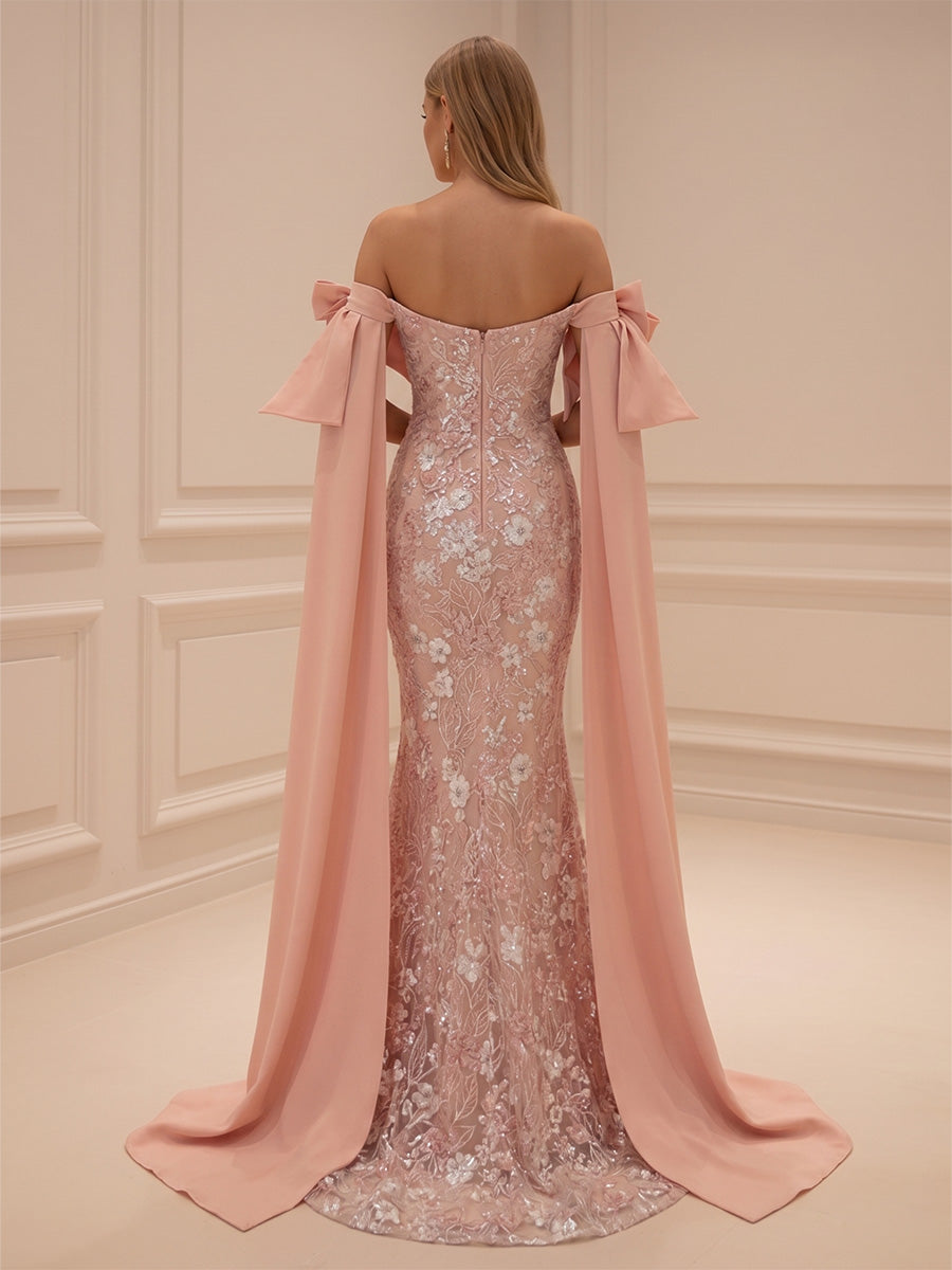 Sequin Floral Sheath/Column Off Shoulder Floor-Length Evening Dresses with Ribbon