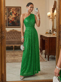 Sequin A-Line/Princess One Shoulder Floor-Length Evening Dresses with Pleated