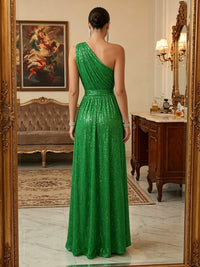 Sequin A-Line/Princess One Shoulder Floor-Length Evening Dresses with Pleated