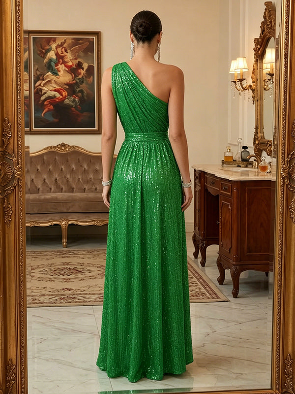 Sequin A-Line/Princess One Shoulder Floor-Length Evening Dresses with Pleated