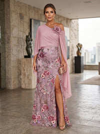 Floral Embroidery Sheath/Column Off Shoulder Floor-Length Evening Dresses with Chiffon Cape