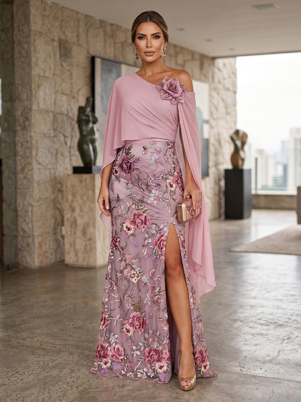 Floral Embroidery Sheath/Column Off Shoulder Floor-Length Evening Dresses with Chiffon Cape