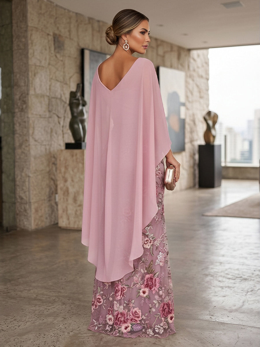 Floral Embroidery Sheath/Column Off Shoulder Floor-Length Evening Dresses with Chiffon Cape