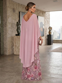 Floral Embroidery Sheath/Column Off Shoulder Floor-Length Evening Dresses with Chiffon Cape