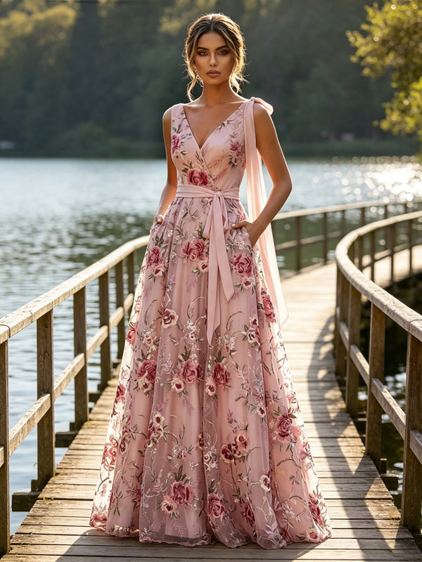 Lace A-Line/Princess V-Neck Floor-Length Evening Dresses with Floral Embroidery