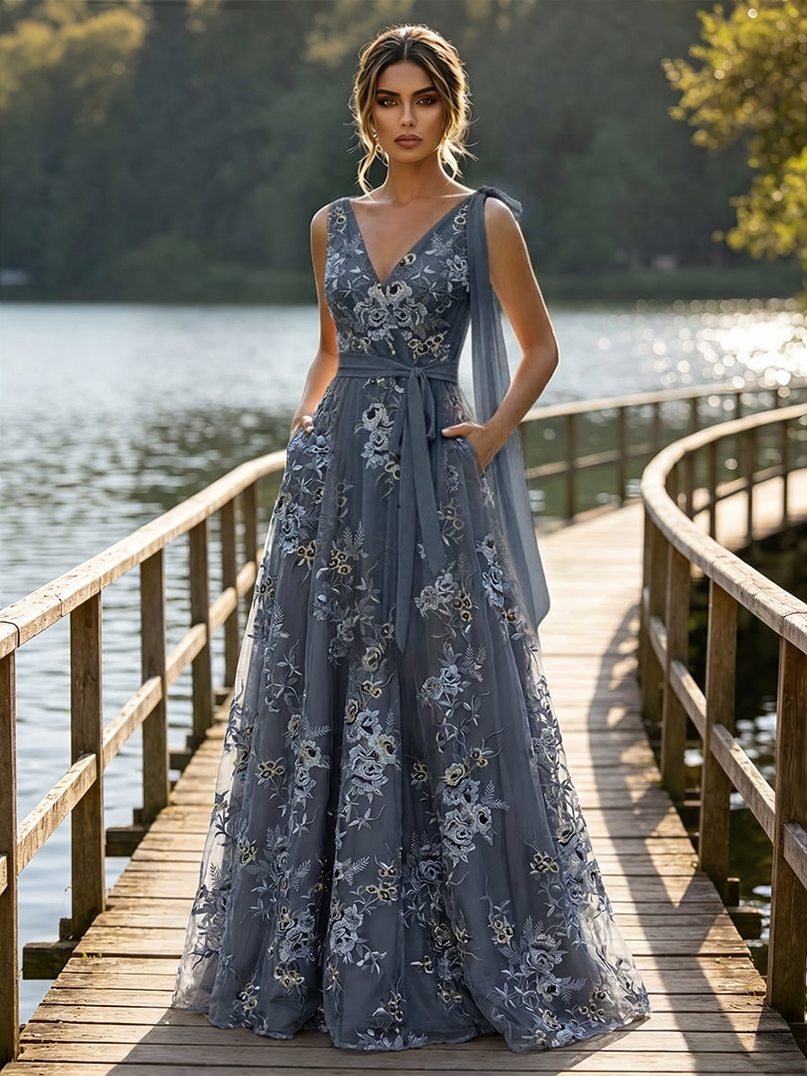 Lace A-Line/Princess V-Neck Floor-Length Evening Dresses with Floral Embroidery