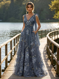 Lace A-Line/Princess V-Neck Floor-Length Evening Dresses with Floral Embroidery
