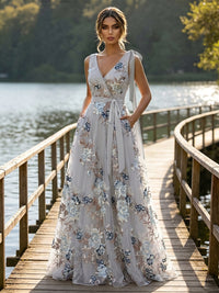 Lace A-Line/Princess V-Neck Floor-Length Evening Dresses with Floral Embroidery