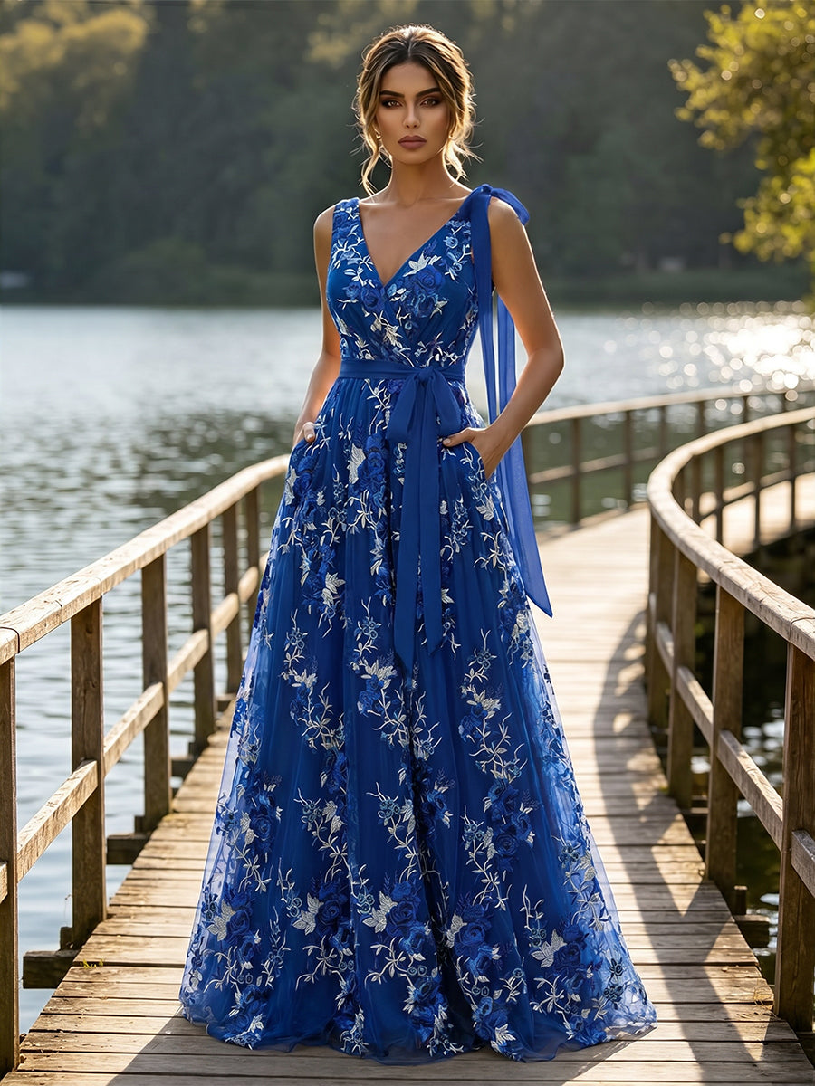 Lace A-Line/Princess V-Neck Floor-Length Evening Dresses with Floral Embroidery