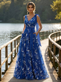 Lace A-Line/Princess V-Neck Floor-Length Evening Dresses with Floral Embroidery