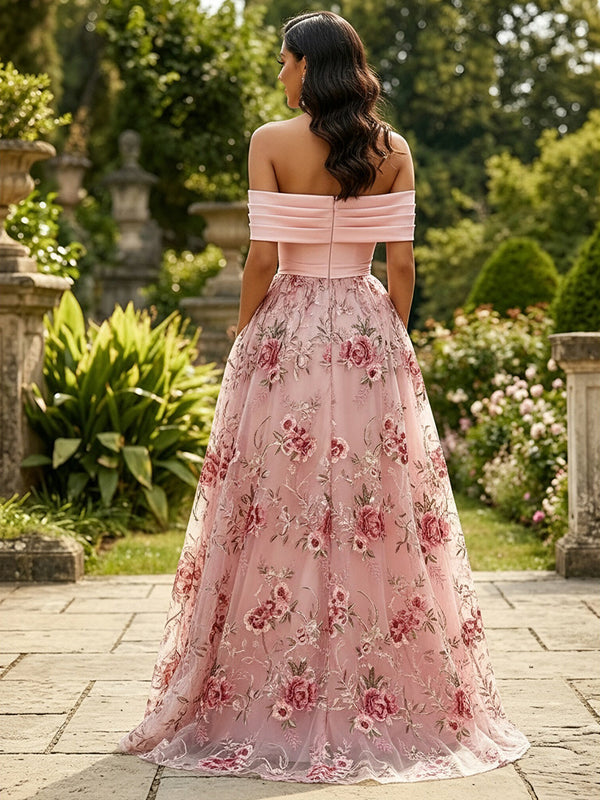 Lace A-Line/Princess Off Shoulder Floor-Length Evening Dresses with Floral Embroidery