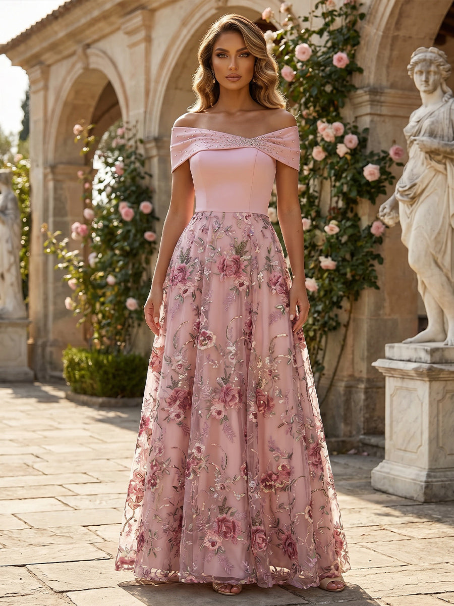 Lace A-Line/Princess Off Shoulder Floor-Length Evening Dresses with Floral Embroidery