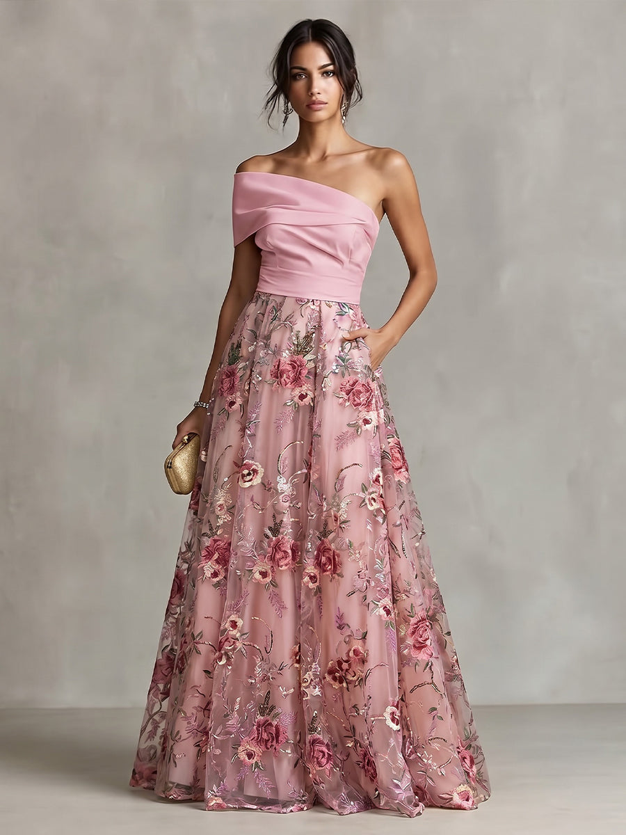 Lace A-Line/Princess One Shoulder Floor-Length Evening Dresses with Floral Embroidery