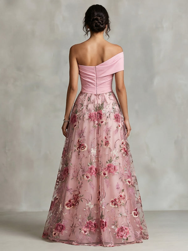 Lace A-Line/Princess One Shoulder Floor-Length Evening Dresses with Floral Embroidery