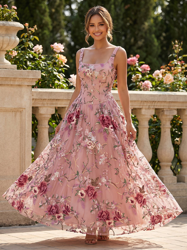 Lace A-Line/Princess Square Neck Floor-Length Evening Dresses with Floral Embroidery