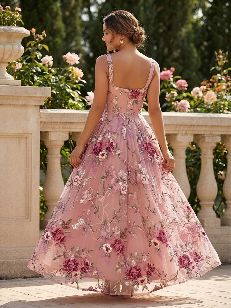 Lace A-Line/Princess Square Neck Floor-Length Evening Dresses with Floral Embroidery