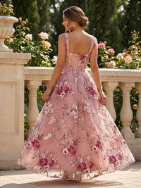 Lace A-Line/Princess Square Neck Floor-Length Evening Dresses with Floral Embroidery