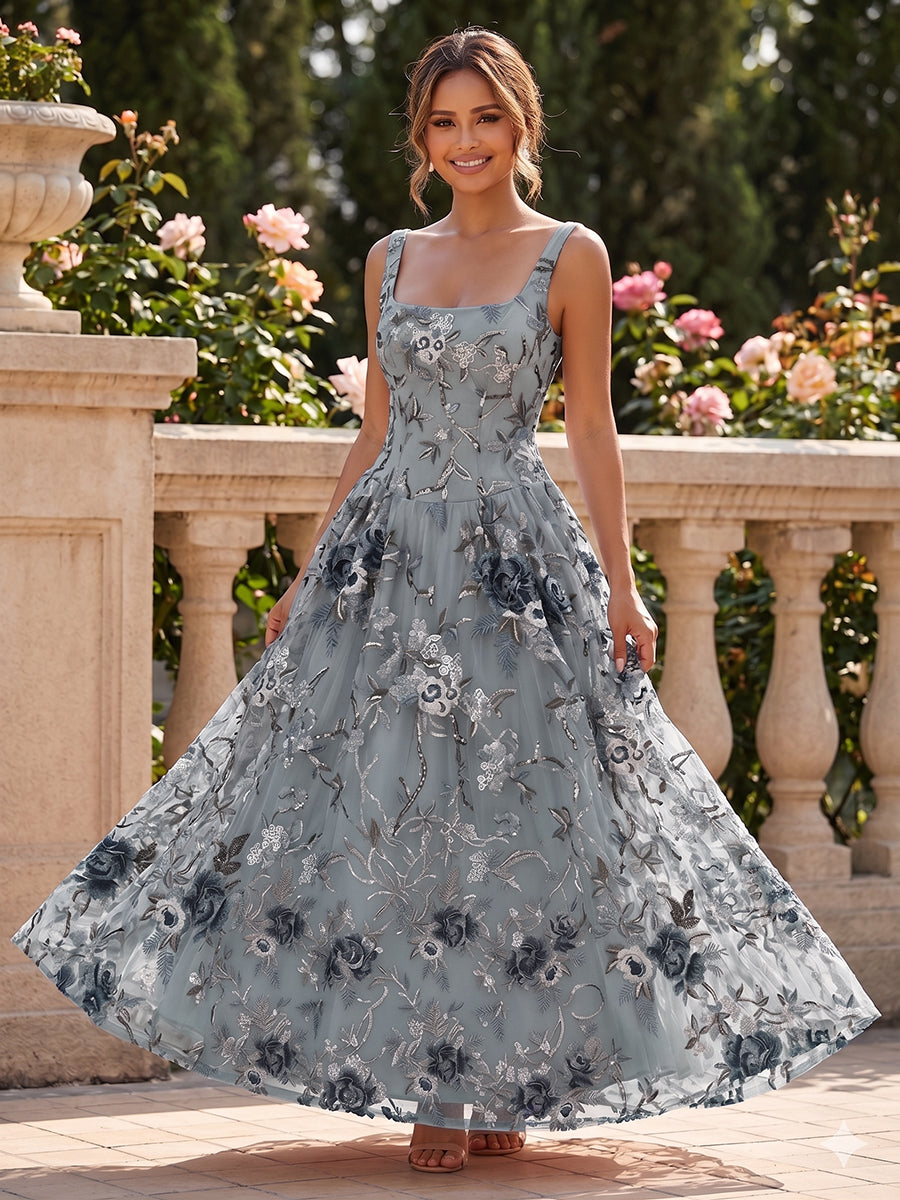 Lace A-Line/Princess Square Neck Floor-Length Evening Dresses with Floral Embroidery