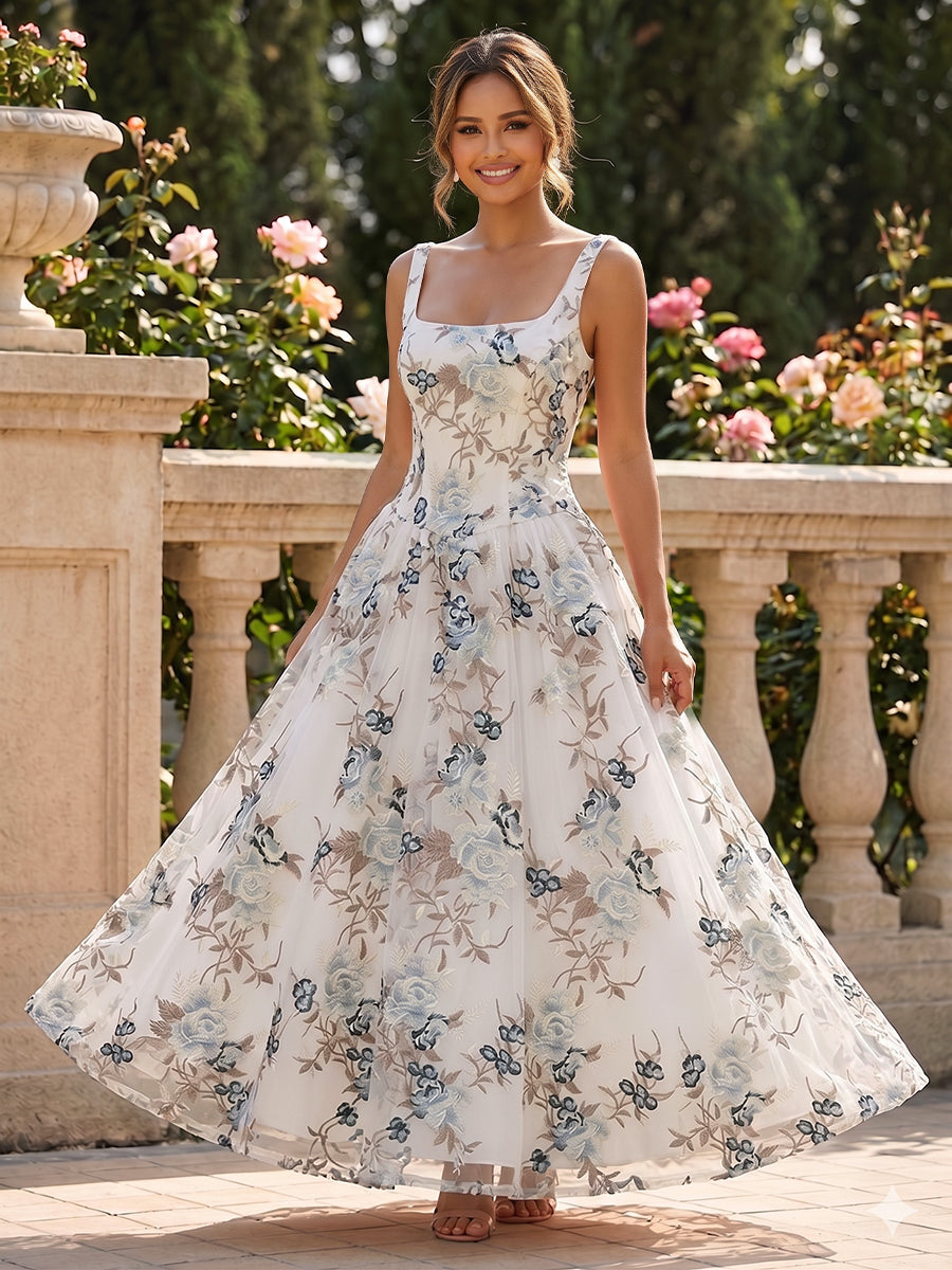 Lace A-Line/Princess Square Neck Floor-Length Evening Dresses with Floral Embroidery