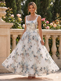 Lace A-Line/Princess Square Neck Floor-Length Evening Dresses with Floral Embroidery