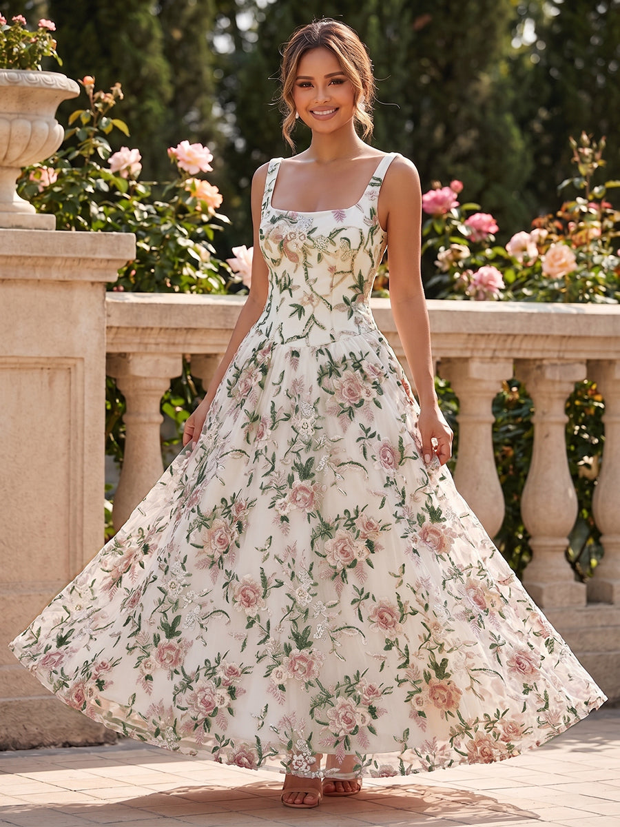 Lace A-Line/Princess Square Neck Floor-Length Evening Dresses with Floral Embroidery