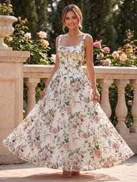 Lace A-Line/Princess Square Neck Floor-Length Evening Dresses with Floral Embroidery