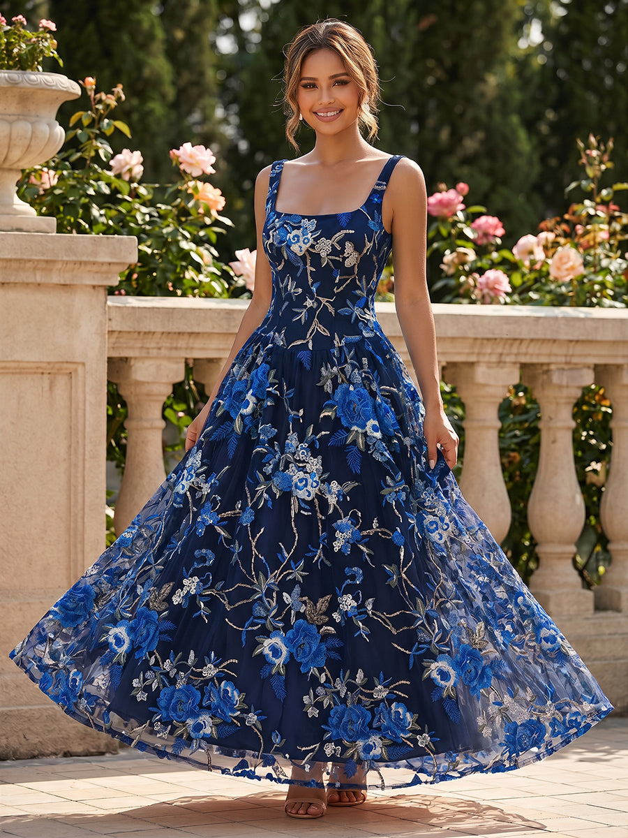 Lace A-Line/Princess Square Neck Floor-Length Evening Dresses with Floral Embroidery