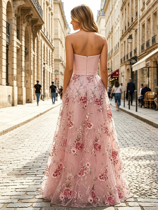 Lace A-Line/Princess Strapless Floor-Length Evening Dresses with Floral Embroidery