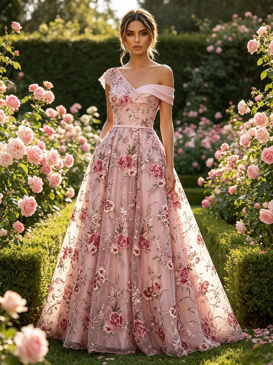 Lace A-Line/Princess Off Shoulder Floor-Length Evening Dresses with Floral Embroidery