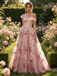 Lace A-Line/Princess Off Shoulder Floor-Length Evening Dresses with Floral Embroidery