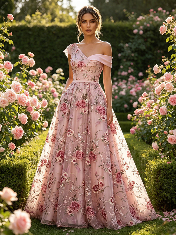 Lace A-Line/Princess Off Shoulder Floor-Length Evening Dresses with Floral Embroidery