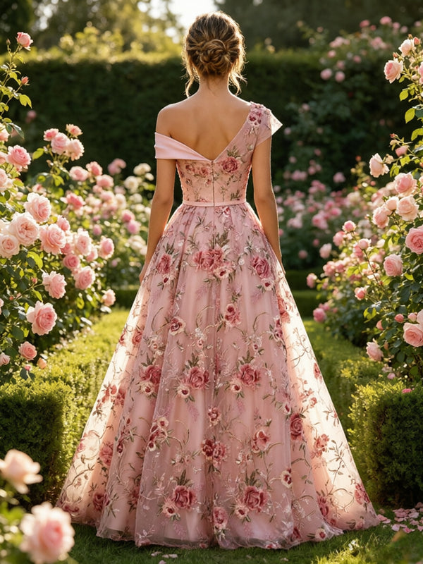 Lace A-Line/Princess Off Shoulder Floor-Length Evening Dresses with Floral Embroidery