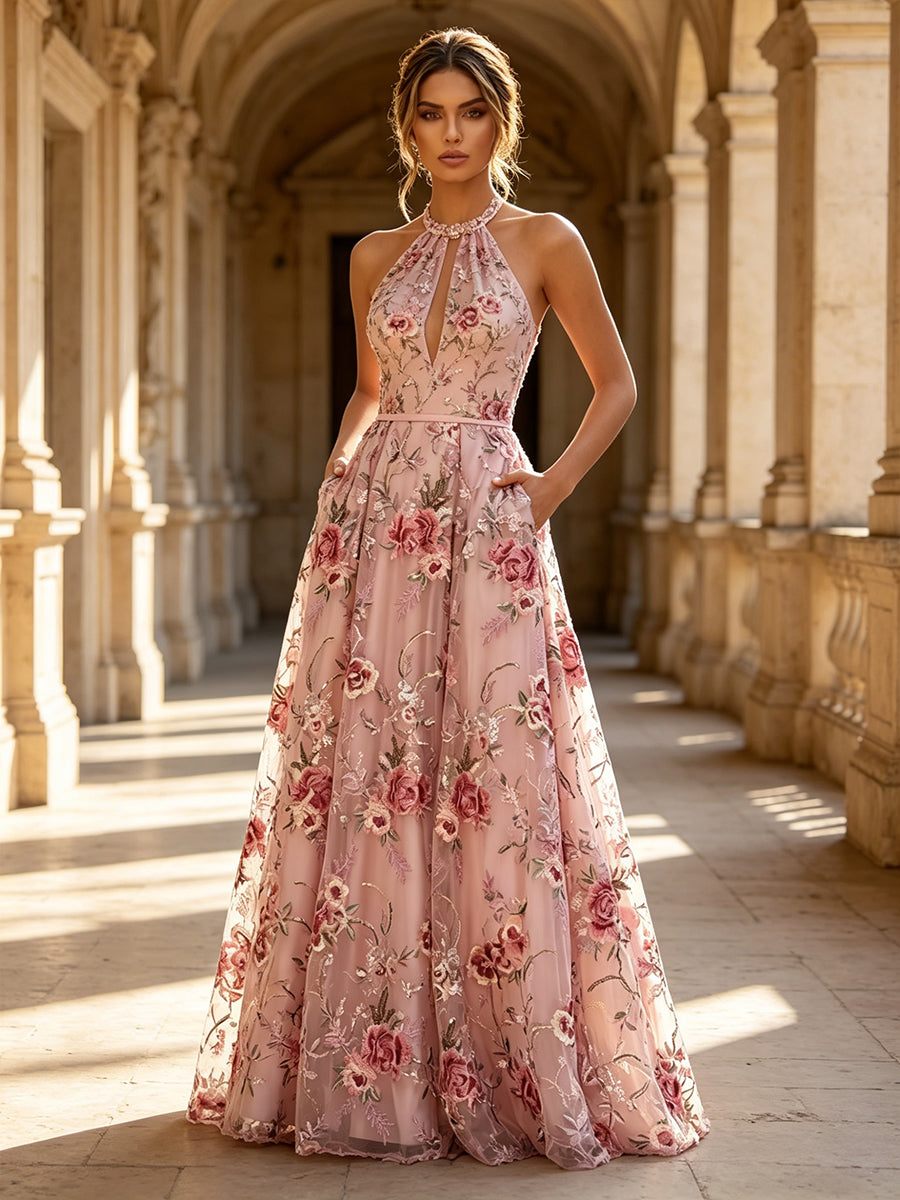 Lace A-Line/Princess Halter Floor-Length Evening Dresses with Floral Embroidery
