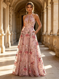 Lace A-Line/Princess Halter Floor-Length Evening Dresses with Floral Embroidery