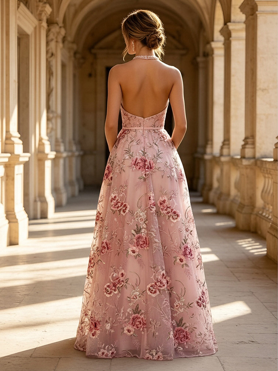 Lace A-Line/Princess Halter Floor-Length Evening Dresses with Floral Embroidery