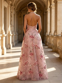 Lace A-Line/Princess Halter Floor-Length Evening Dresses with Floral Embroidery