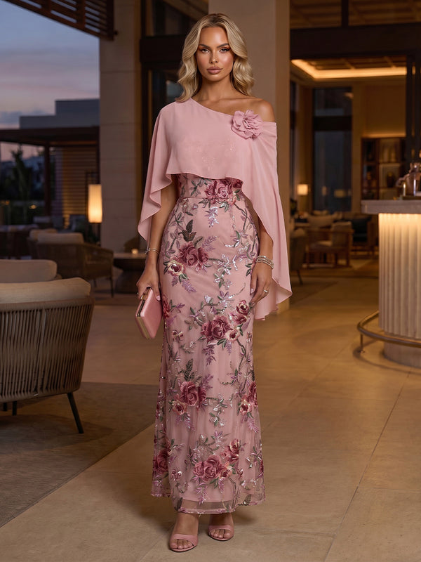 Lace Sheath/Column Off Shoulder Floor-Length Evening Dresses with Floral Embroidery